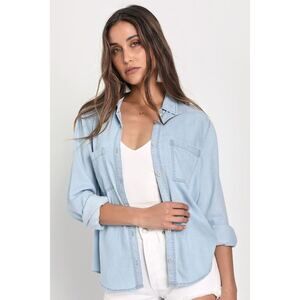 Lulus Daily Vibe Light Blue Chambray Long Sleeve Button-up Top - Size S